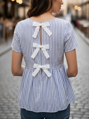 BEBE Blue and White Striped Blouse triple-bow back